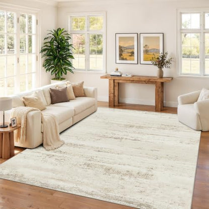 Washable 8x10 Area Rug for Living Room & Bedroom - Beige Ivory Brown Pink