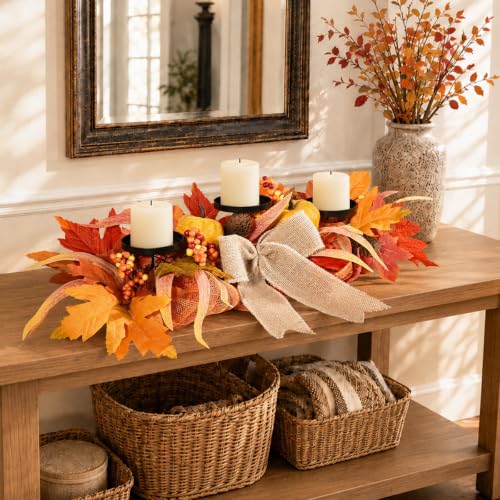Yellow 26-Inch Fall Candle Holder Centerpiece with Pumpkins and Burlap Bow
