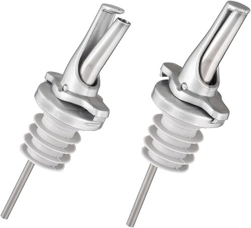 3-in-1 Liquor Pour spout with Built-in Fruit Fly Protection - BPA Free & Dishwasher Safe Hygienic Alcohol Speed Spouts - Also for Olive Oil, Juice, Syrup. Silver 2 Pack