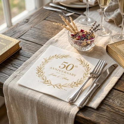 Personalized 50th Anniversary Napkins with Names and Date - Style 1 - Golden Wedding Party Decor
