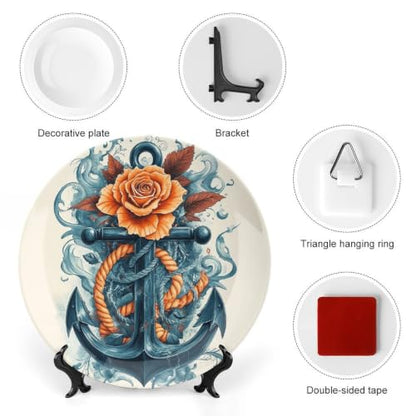 Decorative Ceramic Plate with Stand - Rose Anchor Wall & Table Decor