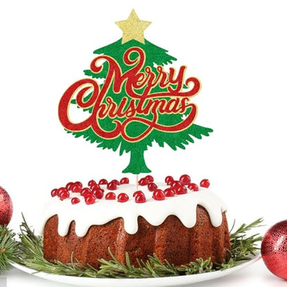 Merry Christmas Cake Topper Red Green Glitter Holiday Decoration - Red 2