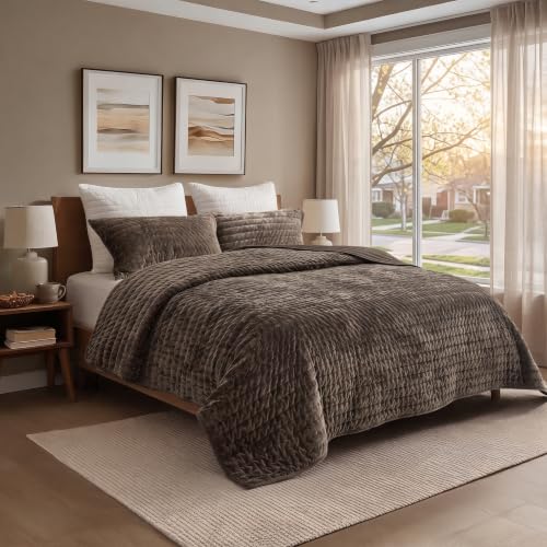 Oversized King Velvet Comforter - Brown Quilt 120x120 Inches - Luxury Bedspread