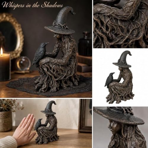 Gothic Witch Figurine Halloween Decor - Mystical Raven Statue with Textured Gown