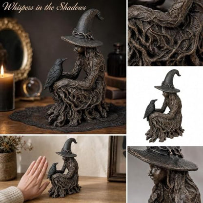 Gothic Witch Figurine Halloween Decor - Mystical Raven Statue with Textured Gown