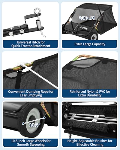 48-Inch Tow Behind Lawn Sweeper with 16 Cu.Ft Capacity and Adjustable Brush - Black