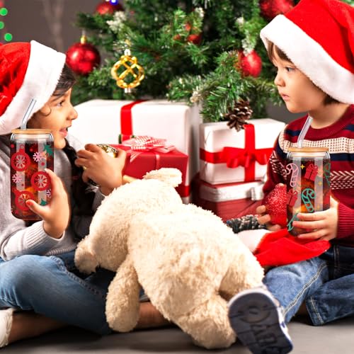 Pine Glass Christmas Cups Set with Lids & Straws - 6 Pack, 16 oz