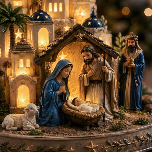 Nativity Scene Light Tower Set with Holy Family & Star Top - Christmas Tabletop Decor