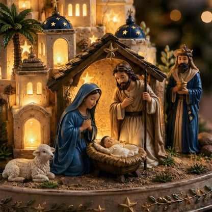 Nativity Scene Light Tower Set with Holy Family & Star Top - Christmas Tabletop Decor