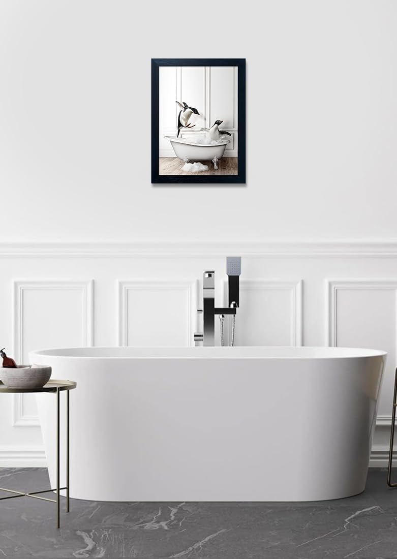 Skiennix Kids Bathroom Wall Decor - Funny Black & White Canvas Print of Cute Penguins in Bathtub