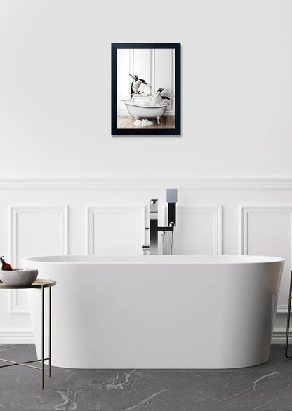 Skiennix Kids Bathroom Wall Decor - Funny Black & White Canvas Print of Cute Penguins in Bathtub