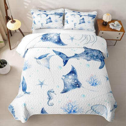 Feelyou Whale Ocean Quilt Set Full Size Light Blue & White Marine Bedding Kids Boys Girls