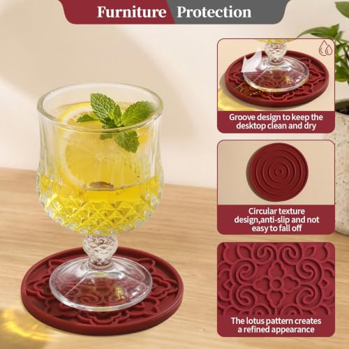 8 Pack Silicone Coasters Set with Holder - Wine Red, Non-Slip, Heat & Water-Resistant