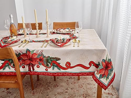 Christmas Poinsettia Ribbon Tablecloth 52 x 70 Inch Holiday Decor - Red & Green
