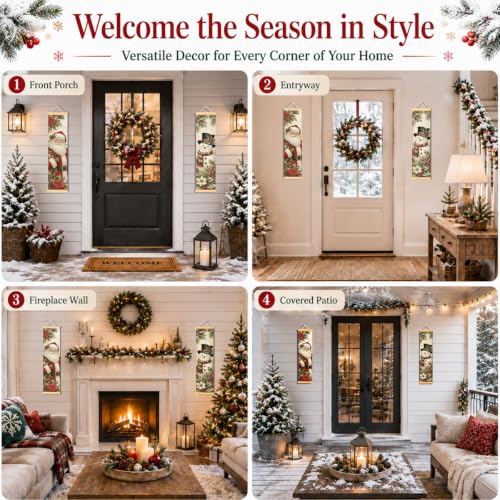 Christmas Porch Banner Set of 2 - Santa Snowman Holiday Door Decor - 31.5x7.8 Inches - Festive Canvas Wall Hangings - Easy Hang Seasonal Decor - Family & Party Gift