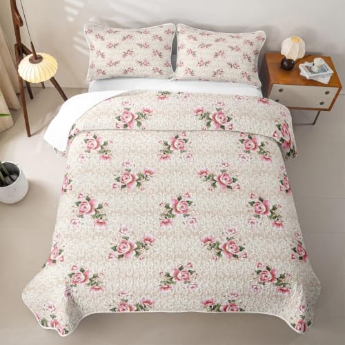 Pink Yellow Rose Quilt Set for All Season Bedspread Full Size with 2 Pillowcases - Romantic Bedding