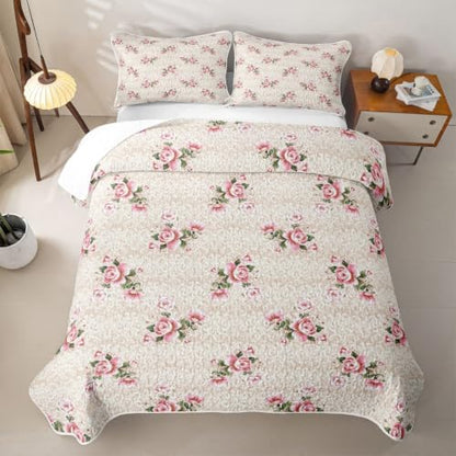 Pink Yellow Rose Quilt Set for All Season Bedspread Full Size with 2 Pillowcases - Romantic Bedding