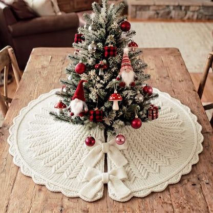 Small Knitted Christmas Tree Skirt - 18 Inch Vintage Farmhouse White