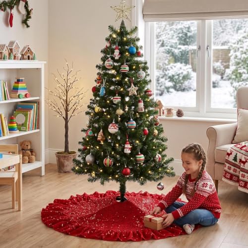 Red Small Ruffled Christmas Tree Skirt 36 Inch for 3-5 Ft Trees - Velvet & Sequin