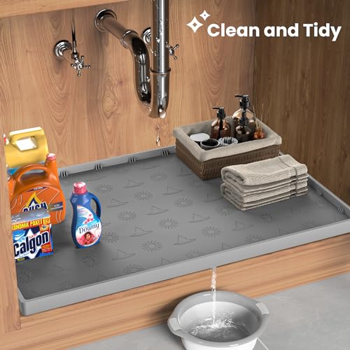 Doasuwish Under Sink Mat 28"x22",Waterproof Silicone Kitchen Sink Mat with Drain Spout,Multiple Uses Shelf Liner Drip Tray, Under Sink Organizer Protector for Kitchen and Bathroom Cabinet