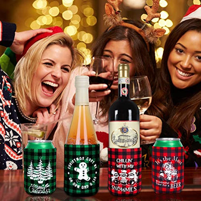 12 Pack Christmas Beer Can Sleeves with Holiday Designs - Hot Cold Drink Insulation