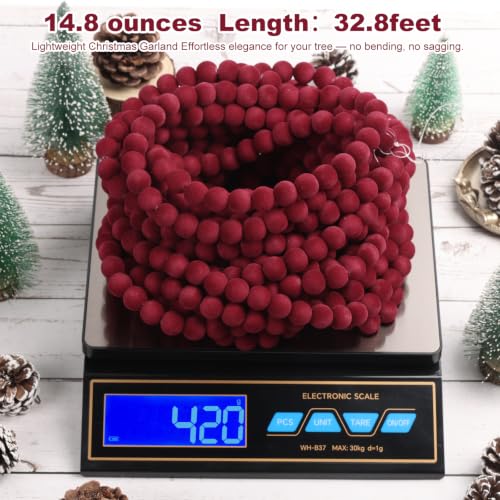 Velvet Bead Christmas Garland 33ft - Red, Extra Long Xmas Decor