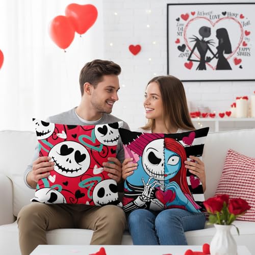 Valentine's Day Throw Pillow Covers Set - Nightmare Before Christmas Style 18x18 Plush Fleece