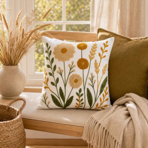 Golden Meadow Embroidered Floral Throw Pillow Cover 18x18 Inch - Pack of 1