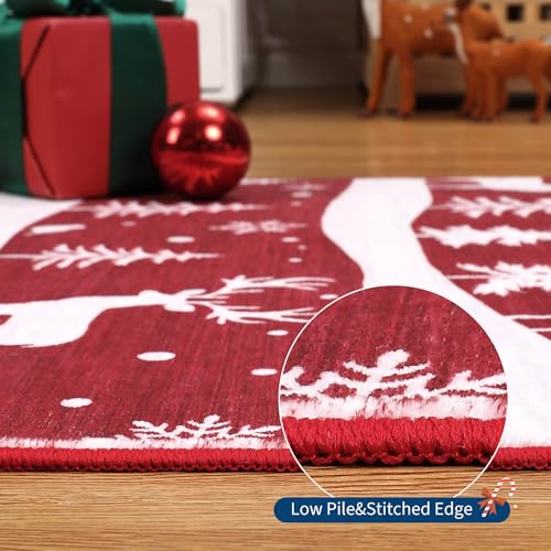 Red 9x12 Christmas Rug with Reindeer & Snowflakes - Washable Non-Slip Living Room Carpet