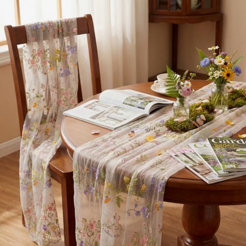 Ivory White Floral Table Runner 10ft Embroidery Tulle Wildflower - Variation of THIS listing 6