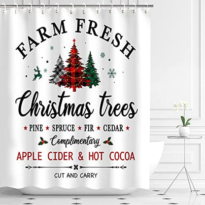 Colorful Farm Christmas Shower Curtain - 72x72 Inches Waterproof Xmas Decor - Farm Tree Pattern