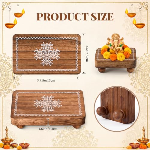 Wooden Pooja Stand Set of 6 with Kolam Pattern - Diwali & Religious Gifts, 15 x 9 cm