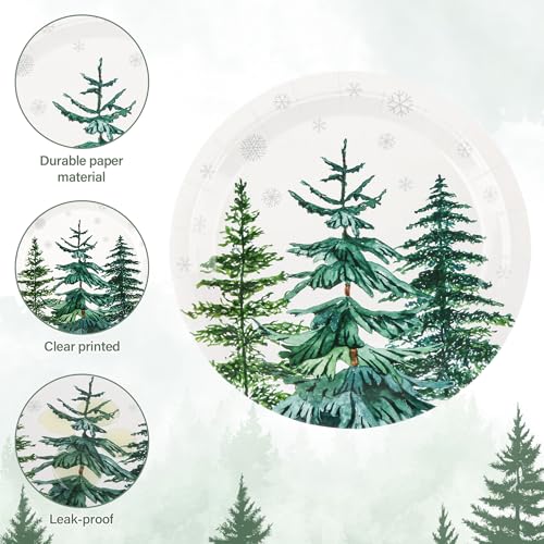 Christmas Trees Paper Plates - 7 Inch Xmas Tree Snowflake Party Dinnerware, 24 Pack - Pine Trees Variation