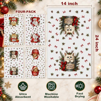 4 Pcs Reusable Cat Christmas Kitchen Towels - Cute Holiday Hand Towels, Multi 1834