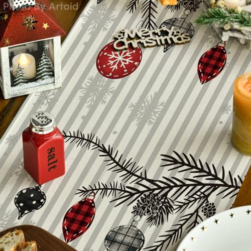 Christmas Table Runner 13x72 Inches Snowflakes Stripes Merry Holiday Decor - Red Black