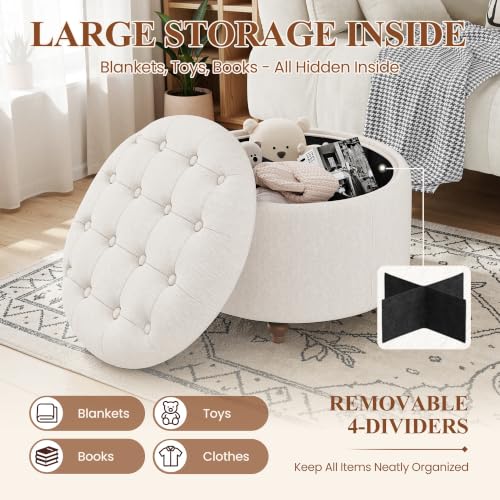 Round Ottoman with Storage and Reversible Tray - Camel, 25 Inch