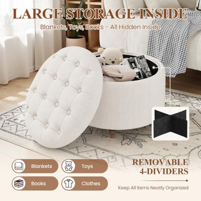 Round Ottoman with Storage and Reversible Tray - Camel, 25 Inch