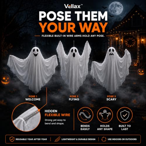 Hanging Halloween Ghost Decorations Set with Unique Faces - Weather-Resistant Indoor Outdoor Ghosts