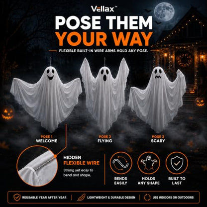 Hanging Halloween Ghost Decorations Set with Unique Faces - Weather-Resistant Indoor Outdoor Ghosts