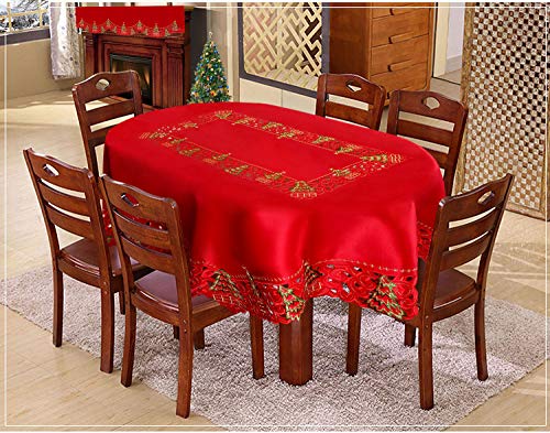 Christmas Holly Tree Tablecloth Satin Red 52x70 Inches Oval Holiday Decor