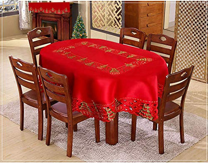 Christmas Holly Tree Tablecloth Satin Red 52x70 Inches Oval Holiday Decor