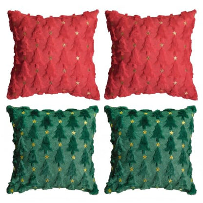 Christmas Tree Star Pillow Cover Set of 4 - Red Green Faux Fur 18x18 Inches