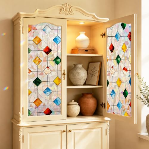 3D Stained Glass Window Privacy Film No‑Glue Static Cling with Installation Tools - Square Gem 17.5 x 78.7 Inch