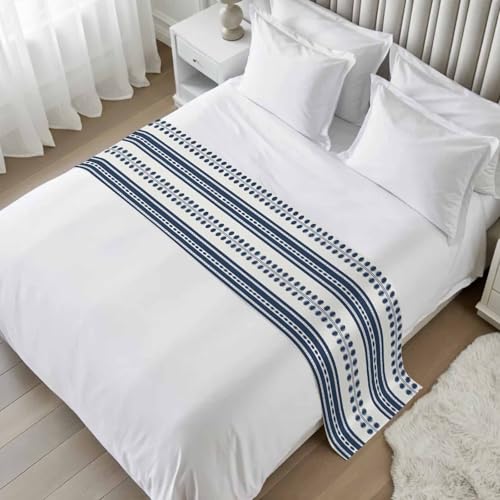 Cal King Bed Runner Blue Stripes Decorative Bed Scarf 102x20in - Soft Satin