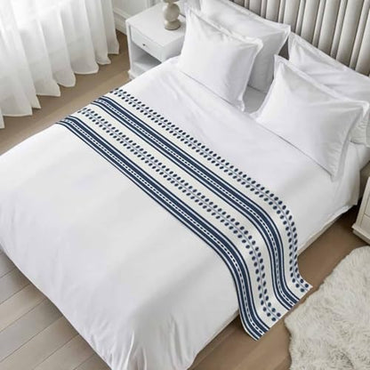 Cal King Bed Runner Blue Stripes Decorative Bed Scarf 102x20in - Soft Satin