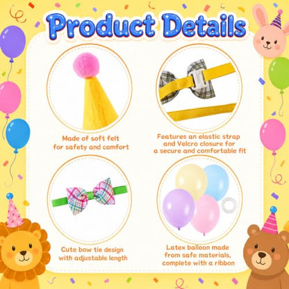Mini Stuffed Animal Party Hats Set with Balloons & Bow Ties - 18 Pcs