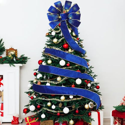 Velvet Christmas Tree Topper Bow with LED Lights - Royal Blue Large 12.6x118 Inch with Ribbon Streamers