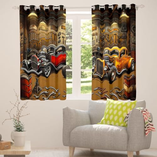 Castle Fairy Vintage Hot Rod Blackout Curtains Set - Brown Red, 76W x 54L Inches, 2 Panels
