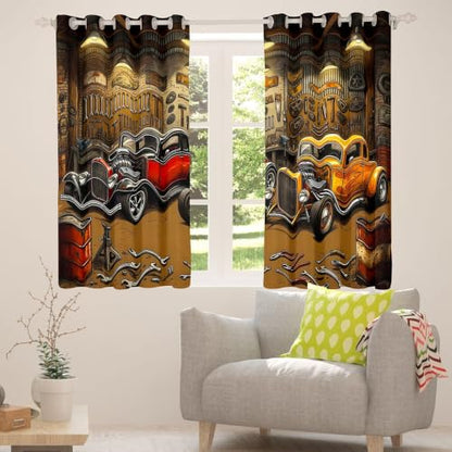 Castle Fairy Vintage Hot Rod Blackout Curtains Set - Brown Red, 76W x 54L Inches, 2 Panels
