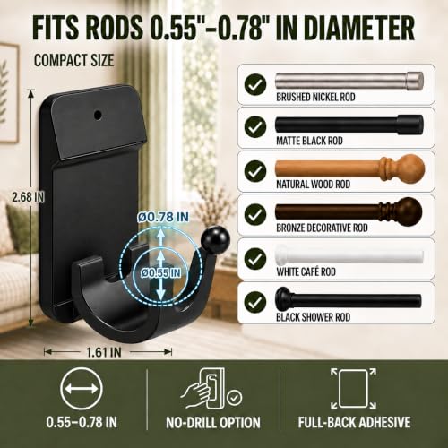 Black Self Adhesive Curtain Rod Brackets 8 Pack for 0.55-0.78 inch Rods